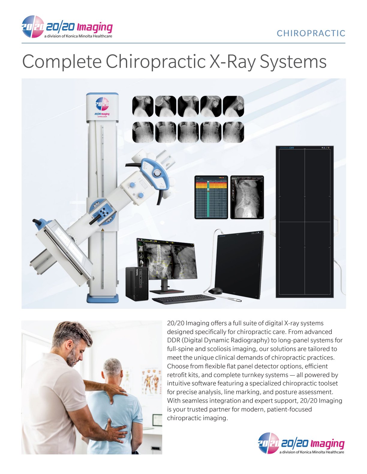 20/20 Imaging chiropractic straight-arm digital x-ray system with DDR and long-panel options