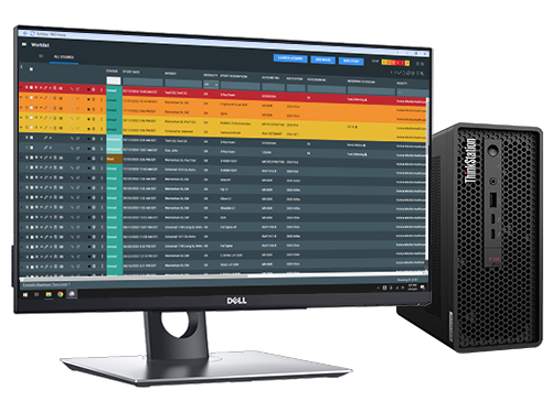 Symmetry-Sync workstation — study list on a 24-inch display with small-form-factor PC