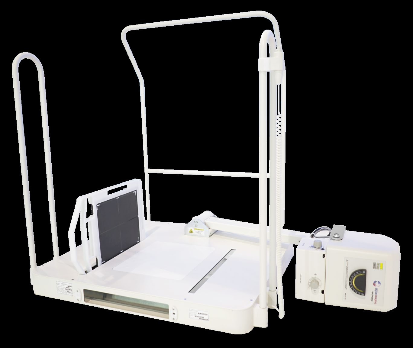 PXS-710D weight-bearing podiatry unit with a patient on the 10×12 platform and foot radiographs